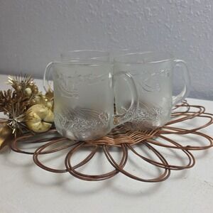 Vintage Duralex‎ France Clear Embossed Glass Christmas Holiday Mugs Set of 4